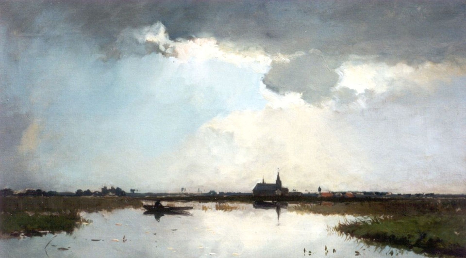 Plasgezicht met visser, een kerk aan de einder (Willem Weissenbruch, 1864–1941)